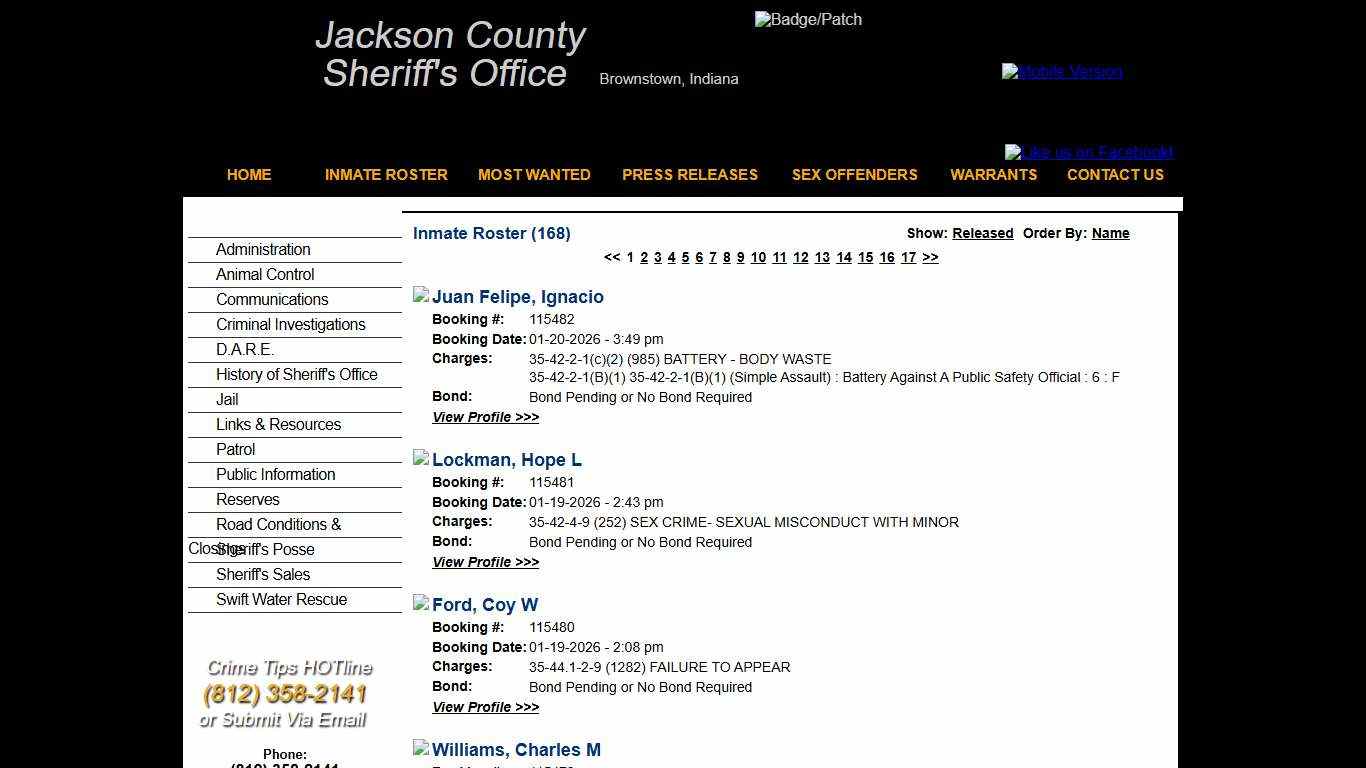 Inmate Roster - Current Inmates Booking Date Descending - Jackson County IN Sheriff